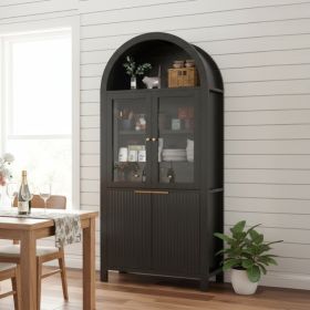 71  Fluted Tall Arched Pantry Cabinet With Adjustable Shelves, Elegant Display Storage With Hidden Drawer & Glass Door For Kitchen, Living Room, Dinin (Option: Black)