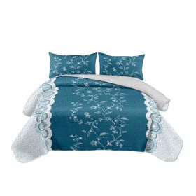 Teal Floral 3-Piece Quilt Set With 2 Matching Pillow Shams, 130 GSM Microfiber Designer Bedspread, Easy-Care Pet-Friendly Bedding (Option: KING)