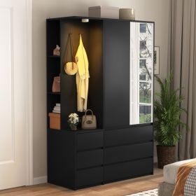 Wardrobe Closet 71.7 H, Bedroom Wooden Wardrobe With 2 Doors 6 Drawers, Modern Clothing Storage Cabinet Combination With Storage Shelves And Hanging R (Option: Black)