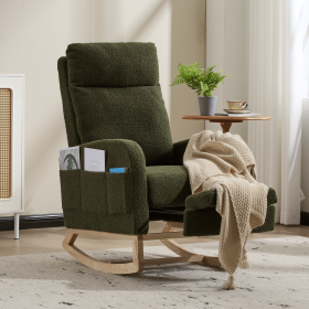 Modern Accent Rocking Chair Rocking Chair with Solid Wood Legs, Upholstered Nursery Glider Rocker, Comfy Armchair with Side Pocket (Color: Green)