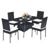 5 Pieces Rattan Dining Set with Glass Table and High Back Chair