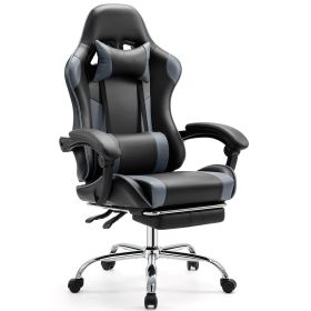 Video Game Desk Chair - Ergonomic Computer with Footrest and Comfy Lumbar Support, PU Leather Recliner with Headrest, Fixed Up Armrest, (Color: black&grey)