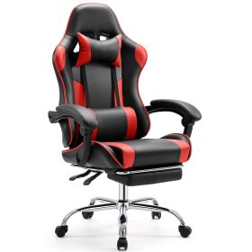 Video Game Desk Chair - Ergonomic Computer with Footrest and Comfy Lumbar Support, PU Leather Recliner with Headrest, Fixed Up Armrest, (Color: black&red)