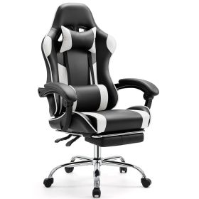 Video Game Desk Chair - Ergonomic Computer with Footrest and Comfy Lumbar Support, PU Leather Recliner with Headrest, Fixed Up Armrest, (Color: black&white)