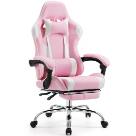 Video Game Desk Chair - Ergonomic Computer with Footrest and Comfy Lumbar Support, PU Leather Recliner with Headrest, Fixed Up Armrest, (Color: white&pink)