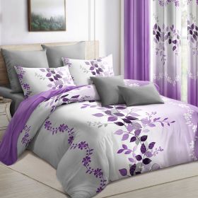 9-Piece Purple Vine Bedding & Curtain Set (Queen/King/Cal King) - Quilted Microfiber Bedspread + Sheer Curtains (Color: Purple Flower, size: King)
