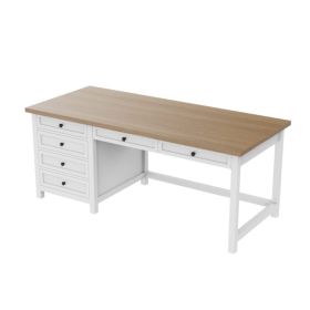 Fixed desk,Computer Desk with Drawers & Power Outlets,Work from Home, Modern Work/Writing/Study Table for Bedroom, White and Wood (Main Material: Metal & Wood, Main Color: White)