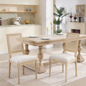 French Country Dining Chairs Set of 2, Upholstered  Chairs with  Rattan Square Back, Wire drawing and carving techniques ,Disassemblable ,  for Living (Option: Beige)