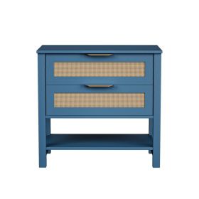 Rattan Nightstand With 2 Drawers And Storage Shelf Boho Bedside Narrow Side Table For Bedroom (Option: Turquoise)