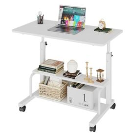 31.5-inch Manual Standing Office Desk, Portable Computer Table With Adjustable Height, Equipped With Lockable Wheels And Double-layer Storage Space (Option: White)