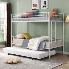 Over Twin Bunk Bed Frame with Trundle,Metal Bunkbed with Sturdy Guard Rail and 2 sideLadders for Kids/Adults,Can be Divided Into Two Beds (Color: White)