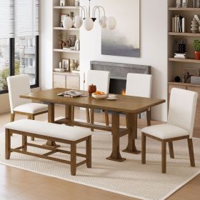 Farmhouse 76inch 6-Piece Extendable Dining Table Set Trestle Kitchen Table Set with 18inch Removable Leaf and Upholstered Dining Chair and Bench (Color: dark brown, Material: Rubber Wood)