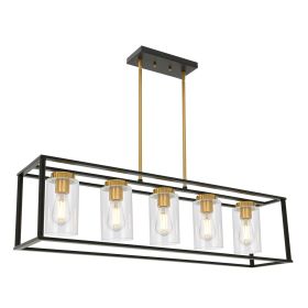 Lighting 5-Light Dining Room Light Modern Pendant Lighting for Kitchen Island with Clear Glass Shade Linear Cage Chandelier Hanging Ceiling Light in M (Color: Black and Brushed Brass)