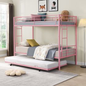 Over Twin Bunk Bed Frame with Trundle,Metal Bunkbed with Sturdy Guard Rail and 2 sideLadders for Kids/Adults,Can be Divided Into Two Beds (Color: Pink)