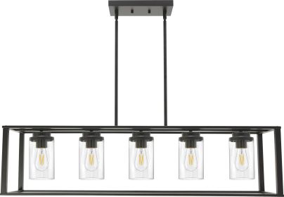 Lighting 5-Light Dining Room Light Modern Pendant Lighting for Kitchen Island with Clear Glass Shade Linear Cage Chandelier Hanging Ceiling Light in M (Color: Black)