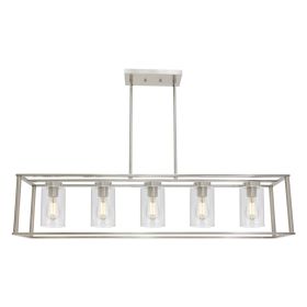 Lighting 5-Light Dining Room Light Modern Pendant Lighting for Kitchen Island with Clear Glass Shade Linear Cage Chandelier Hanging Ceiling Light in M (Color: Brushed Nickel)