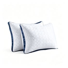 2-Pack Luxury Bed Pillows - Breathable Down Alternative Gusseted Supportive Pillows With White & Navy Blue Elegant Pattern, Soft Fiber Fill For Enhanc (Option: 2pc Queen 18x 28in)