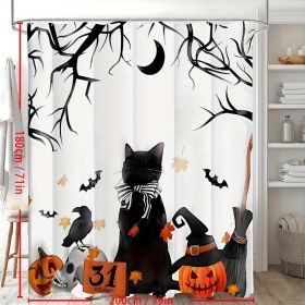 Spooky Halloween Shower Curtain Set - Vibrant Printed Design,12 Hooks - 1Pcs, Pumpkin Lantern, Black Cat, Crow Skull, Broom, Bat, Dead Branch Design (Option: 180x200)