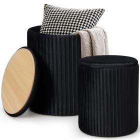 Two-piece Round Storage Ottoman Set - A Plush Dressing Stool With Storage Function, A Multi-functional Coffee Table Ottoman (Option: Black)