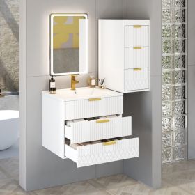 24inch Wall Mounted Floating Cabinet With Side Cabinet Combo, Rectangular Vanity, Small Bathroom Sink With Single Faucet Hole And Overflow, Modern Bat (Option: White)