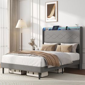 A Double Bed Frame With Adjustable Headboard, Equipped With 3 USB Charging Ports, LED Light Strips And Bluetooth Controller (Option: QUEEN)