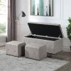 1 Piece Rectangular Storage Ottoman Fabric Linen With 2 Set Ottomans Beige