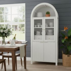 71  Fluted Tall Arched Pantry Cabinet With Adjustable Shelves, Elegant Display Storage With Hidden Drawer & Glass Door For Kitchen, Living Room, Dinin (Option: White)