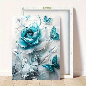 Elegant Turquoise Blue Crystal Rose & Teal Butterflies Canvas Wall Art With Wooden Frame - Classic Decorative Poster For Living Room, Bedroom, Home Of (Option: 36X24inch)