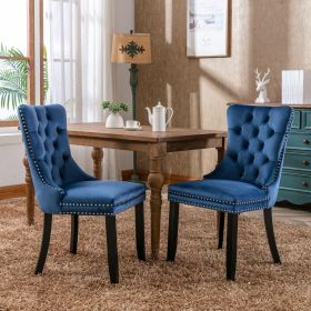 Velvet dining chair set of 2 button tufted backrest with loop pull design, modern style for kitchen dining room or living room seating (Color: Blue)
