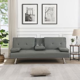 sofa bed with Armrest two holders WOOD FRAME, STAINLESS LEG, FUTON SOFA PVC (Color: grey)
