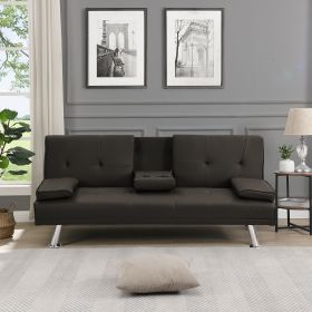sofa bed with Armrest two holders WOOD FRAME, STAINLESS LEG, FUTON SOFA PVC (Color: dark brown)